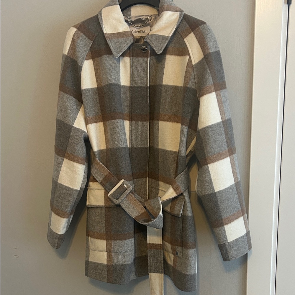 Calvin Klein Women's Checkered Trench Coat - Brown and Cream